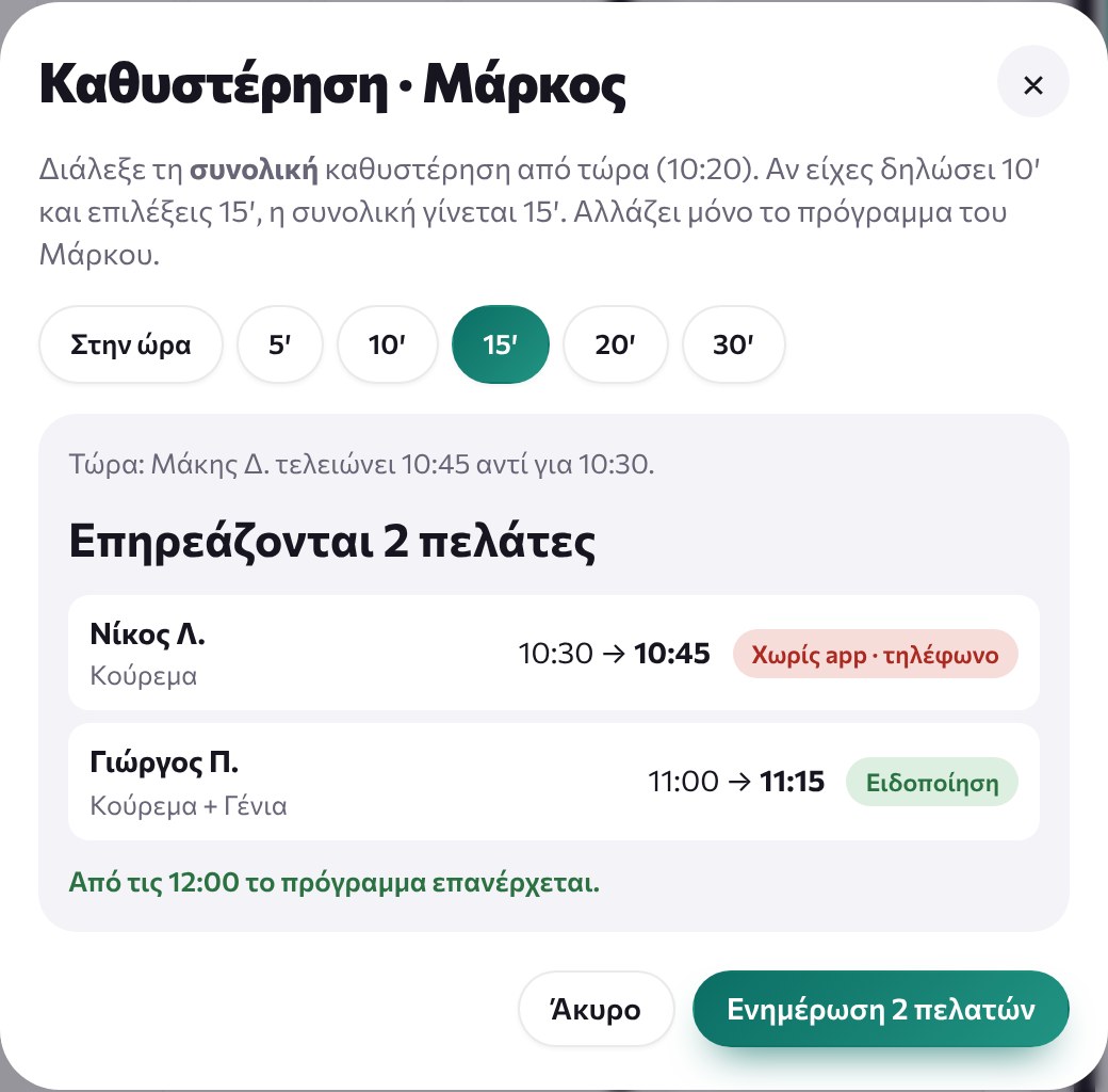 Καθυστέρηση 15 λεπτών με τη νέα ώρα των επόμενων πελατών